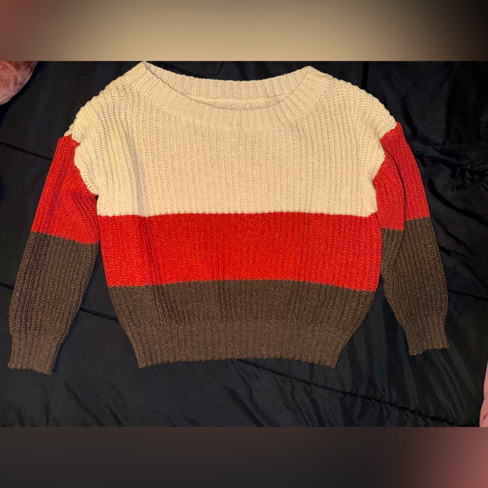 SHEIN Colorblock Crew Neck Sweater - Beige, Red, and Dark Brown